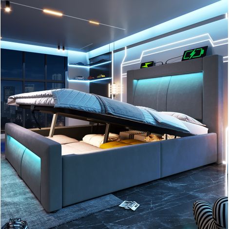Einzelbett 90x200 cm mit Stauraum, hydraulisches Bett, LED-Beleuchtung mit App-Steuerung, USB- & Type-C-Ladeanschlüsse, Samt, Kopfteil mit gebogenem Design, Grau, ohne Matratze (1/5)