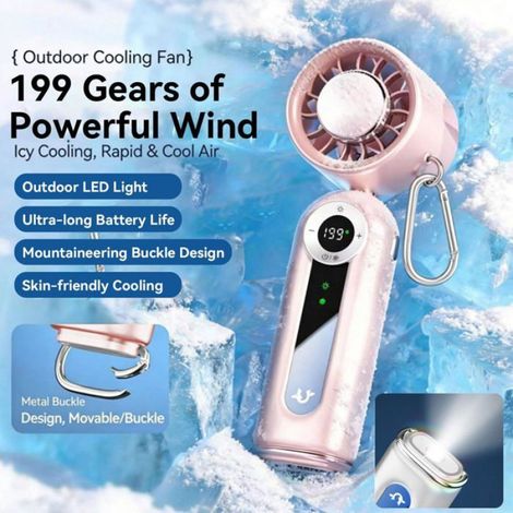 Ventilateur USB portable rechargeable 4000mAh, avec lampe de poche LED, rose (1/5)