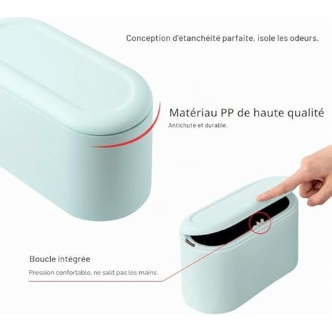 JEEZAO Petite poubelle de table avec couvercle à bouton-poussoir pour bureau, salle de bain, cuisine et chambre, rangement de nourriture pour animaux (bleu clair) (1/3)