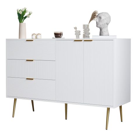 Credenza, mobile da soggiorno con ante e cassetti, ripiani interni, cassettiera con maniglie e gambe dorate