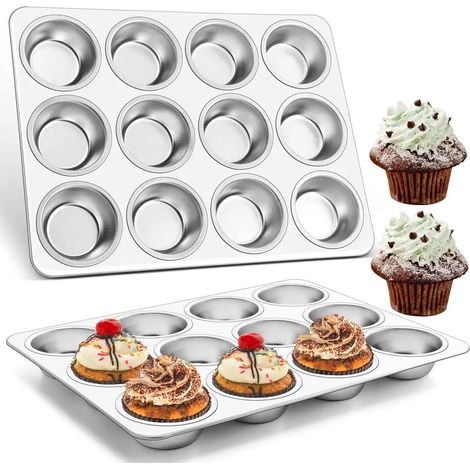 Teglia per muffin in acciaio inox a 12 cavità, antiaderente, adatta al forno domestico, confezione da 2 pezzi. (1/2)