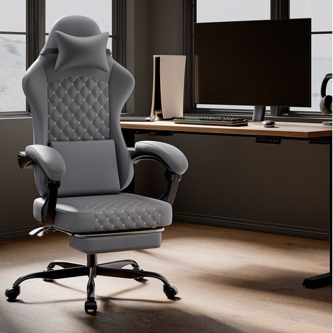 Fauteuil gamer ergonomique inclinable cuir gris OKMYHOME (1/3)