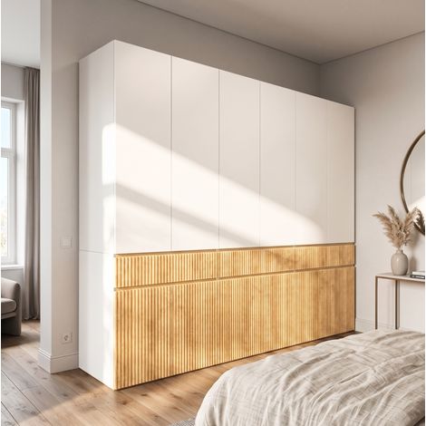 MODFU – Armario 270x50x200 cm de MDF con 12 puertas, 3 cajones, 3 roperos y almacenamiento modular – Roble/gris (1/5)