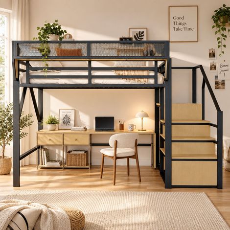 Lit mezzanine 140x200 cm en métal noir, échelle sécurisée, étagère de rangement modulable, espace sous lit 140 cm, sans matelas (1/5)