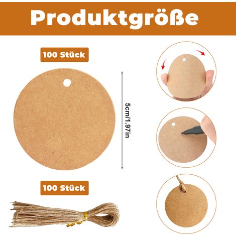 Etiquettes Cadeaux Rondes - Papier Kraft Brun 350 g - Diamètre 5 cm - Corde en Jute 25 cm - Pour Emballage Cadeaux Mariages Loisirs Créatifs - Lot de 100 (1/5)