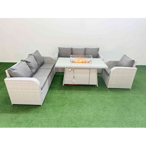 Fimous 7 Seater Poly Rattan Outdoor Garden Furniture Firepit Dining Table Sofa Set Patio 3 Seater Sofa Reclining Chair 3 Seater Sofa Light Grey (1/4)