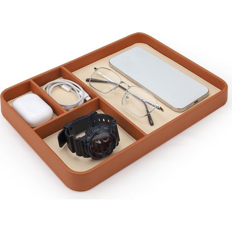 2 plateau de rangement de bureau pour homme, 4 placements en cuir synthétique de qualité supérieure, pour clés, Montréal, téléphone, bijoux, EDC, marron (1/5)