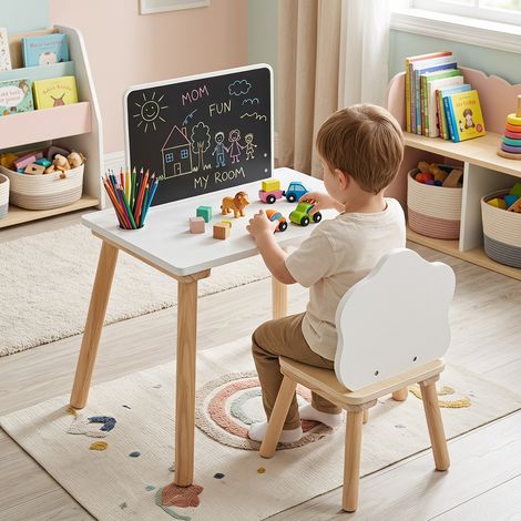 Ensemble table et chaise pour enfant en bois de pin avec tableau noir, pot à crayons et coins arrondis pour salle de jeux (1/5)