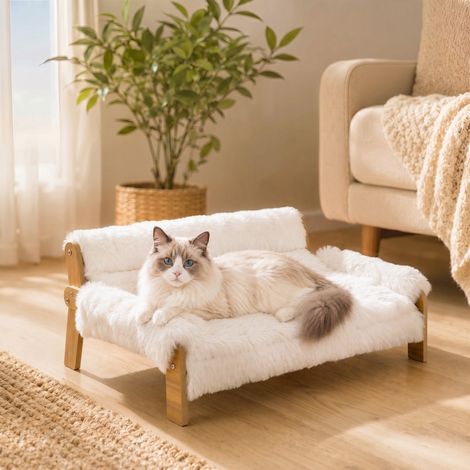 Cama elevada para perros con estructura de madera, cojín de felpa suave, funda extraíble y patas antideslizantes. (1/5)