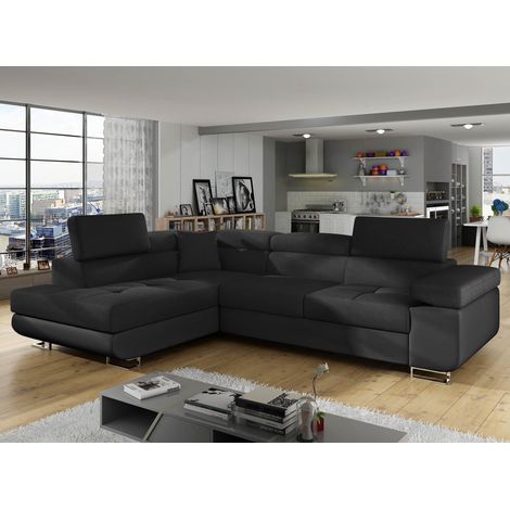 Cotecosy – Canapé d'angle convertible grand modèle avec coffre – Têtières relevables – Simili noir – Surface de couchage 125x200 cm
