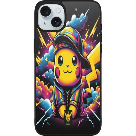 Cover per iPhone 15 con motivo Pikachu, in vetro morbido con doppia fotocamera, compatibile anche con iPhone 15 Plus. (1/2)