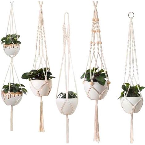 Handgewebte Hängeampeln aus Baumwolle ideal für drinnen und draußen im Garten auf dem Balkon der Terrasse oder der Fensterbank cremeweiß 5er-Pack (1/5)