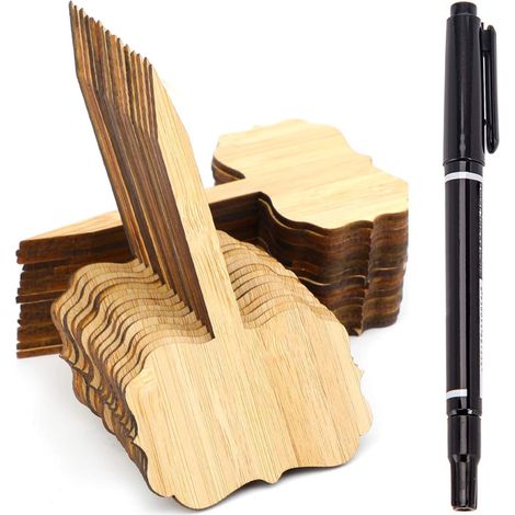 30 Stück Bambus-Pflanzenanhänger, dekorative T-Typ-Pflanzenmarkierungen aus Holz, Gartenetikett, mit Stift, für eingetopfte Gartensamen, Kräuter, Blumen, Gemüse (1/5)