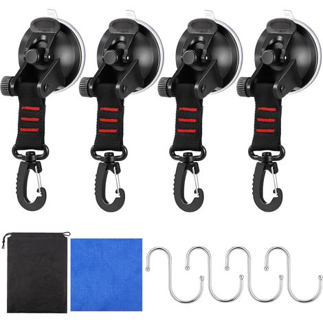 Lot de 4 ventouses robustes avec crochets rotatifs à 360 ° pour courroie en D, aspirateur, y compris sèche-linge et auvent, crochets polyvalents pour camping et voiture (1/4)