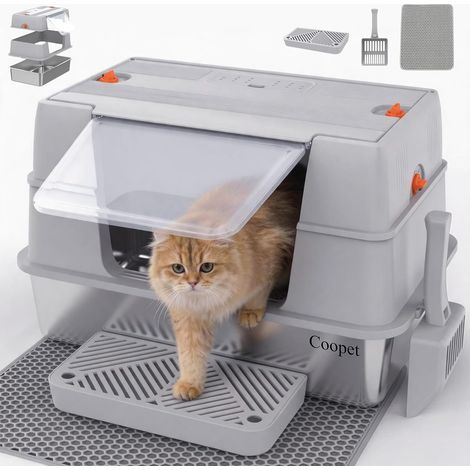 Closed Cat Litter Tray Stainless Steel with Lid, Side Entry, Metal Litter Tray for Large Cats, Leak Proof, Odor Control with Charcoal Filter, Scoop and Mat (1/5)