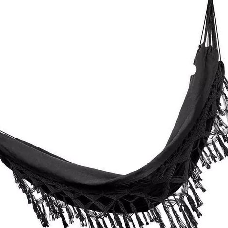 Hamac double portable à franges, noir, avec sac de rangement, pour le camping, l'intérieur et l'extérieur. (1/4)