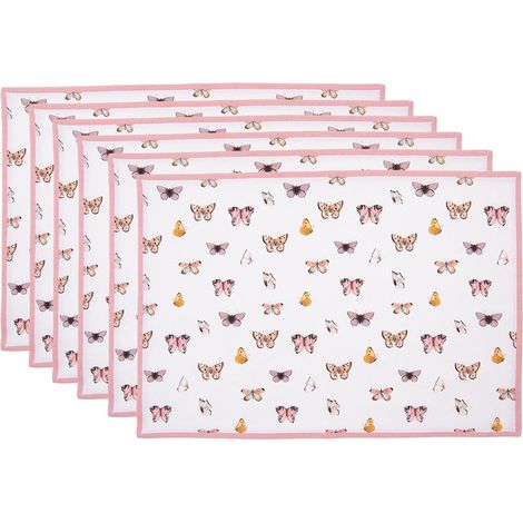 Lot de 6 Sets de Table en Coton Motif Papillons Style Romantique Beige et Rose 48 x 33 cm - PANGIVO