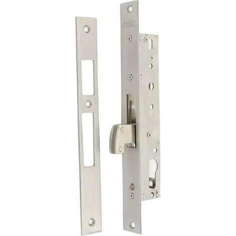 Serrure à encastrer pour profilés métalliques, axe 20 mm, finition gris inox, pêne réversible (1/4)