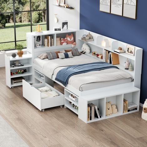 Lit coffre 90x200 avec rangements, contreplaqué blanc HAVRYA (1/5)