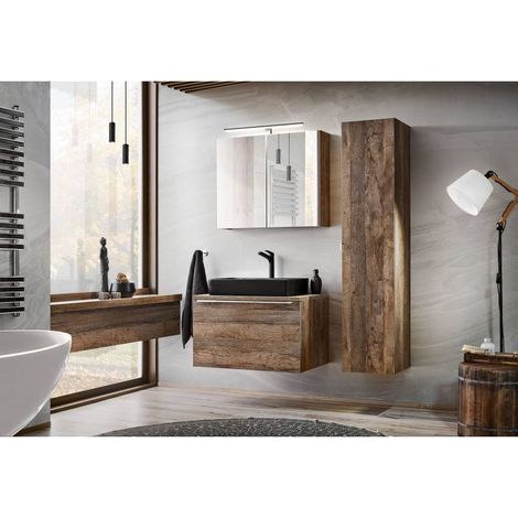 Ensemble salle de bain avec meuble vasque 80 cm + plateau + cabinet miroir + colonne - Rosario Oak - Livraison gratuite