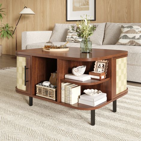 Mesa de centro curva superfície trançada Kérian design original corpo MDF qualidade, puxadores e pés metálicos com arrumação integrada, mesa sala estar elegante prática (1/5)