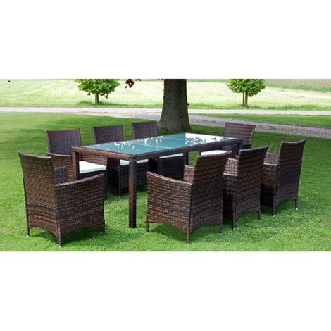 9 pcs Ensemble à dîner jardin et coussins,Mobilier à dîner, Table et Chaises à Manger Résine tressée Marron MKPO45513 (1/5)