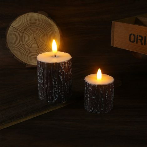 Bougie Sans Flamme - Design Écorce De Pin - LED Puisée À Pile - Pour Décoration Intérieure Hivernale Et De Noël - 2 Pièces (1/5)