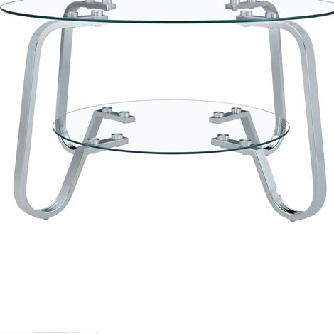 Table basse ronde en verre trempé à double plateau avec cadre métallique argenté (1/5)