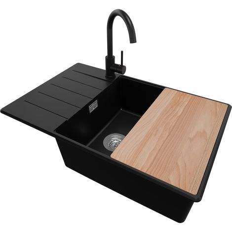 PRIMAGRAN Evier Cuisine en Granit 78x50cm, Lavabo 1 bac + Robinet 32x20cm + Kit de Vidage + Accessoire, Évier à Encastrer au meuble 60cm - Copenhague, Noir (1/5)