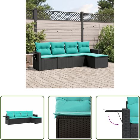 Gartenmöbel - 5-teiliges Gartensofa-Set mit Kissen, schwarzes Polyrattan (1/5)