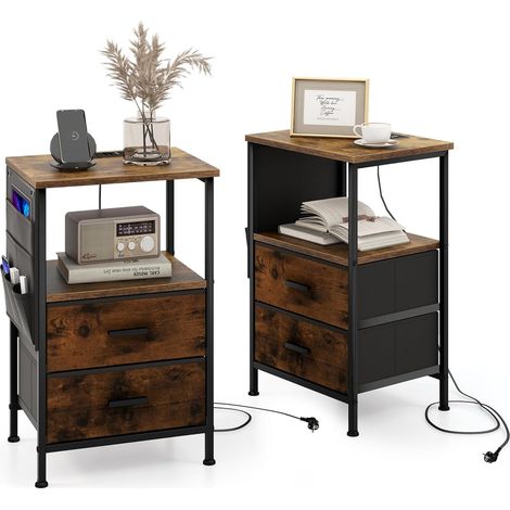 COSTWAY Mesita de Noche con Estación de Carga, Industrial con 2 Cajones y 6 Bolsillos Laterales, Mesa Auxiliar con Puertos USB y Salidas de CA para Dormitorio, Sala de Estar, Marrón Rústico (2 piezas) (1/5)