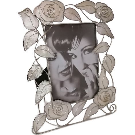Porta foto 10x15 cm album cornice da tavolo argento acciaio rosa foglie perla moderno vintage bellissimo e particolare (1/5)