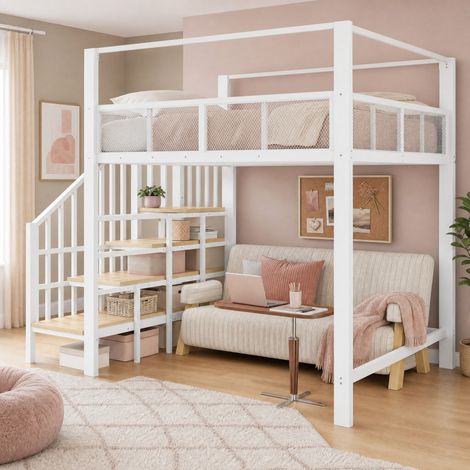 Etagenbett 140/200 cm Weiß aus Metall mit Stauraumtreppe und Baldachinrahmen (1/5)