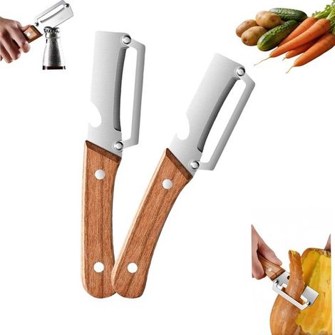 Ensemble de 2 éplucheurs de légumes – Couteaux d'office – Ustensiles de cuisine – Avec manches en bois et ouvre-bouteilles – Convient pour les fruits et légumes – Bois – Marron (1/5)