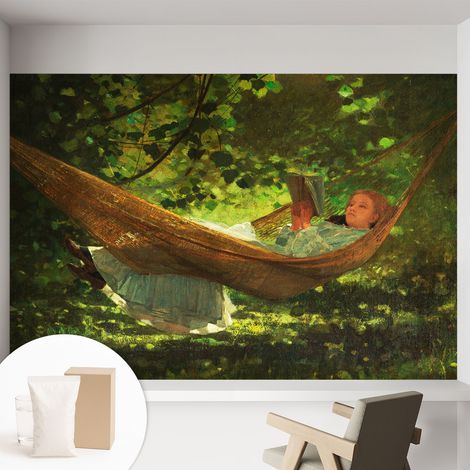 Papier peint intissé mural avec imprimé pour décoration pour salon pour chambre à coucher pour entrée Détente dans un hamac 152x104 cm (1/5)