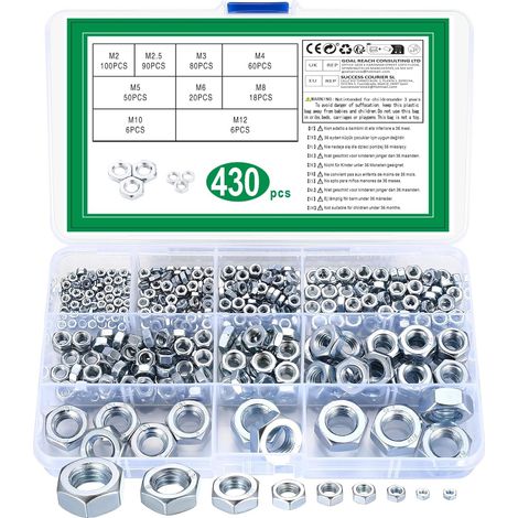 APEX 430 pièces d'écrous hexagonaux - M2, M3, M4, M5, M6, M8, M10, M12 - Assortiment en boîte - Écrous inox pour vis et boulons (1/5)