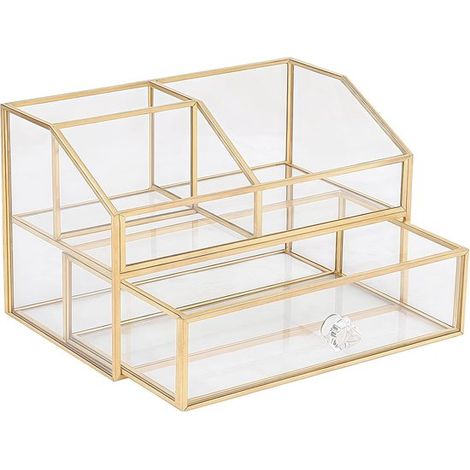 Kosmetik-Organizer mit Schublade – Goldener Vintage-Schminktisch – Aufbewahrungsbox aus Metall und Glas (1/5)