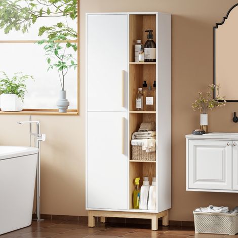 Meuble de Salle de Bain, Meuble de Rangement, 2 Portes, 4 Compartiments Ouverts et Étagères Réglables, Blanc et Naturel (1/5)