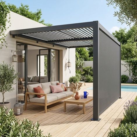 sweeek - Pergola bioclimatique aluminium adossée 4x3m anthracite + 1 auvent 4m Palace (1/5)