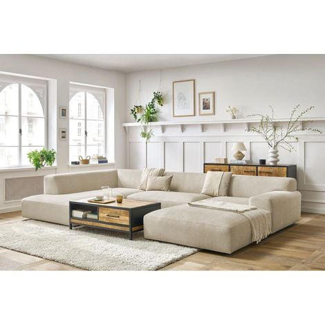 Bobochic – Canapé panoramique fixe compact 6 places – Tissu velours beige – Longueur 359 cm – Design moderne et confortable (1/5)
