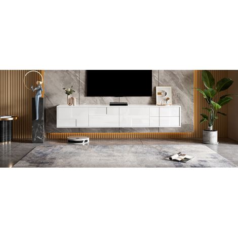 Meuble TV suspendu ou posable blanc brillant complet sans poignées trois portes et deux tiroirs longueur 170 cm grand rangement salon (1/4)