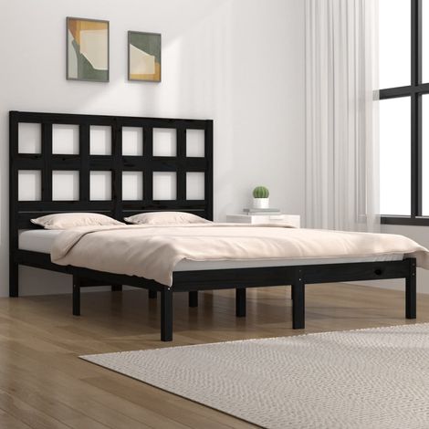 Bed Frame  Black  Solid pinewood  200 x 200 cm  Decorative Inlays vidaXL (1/5)