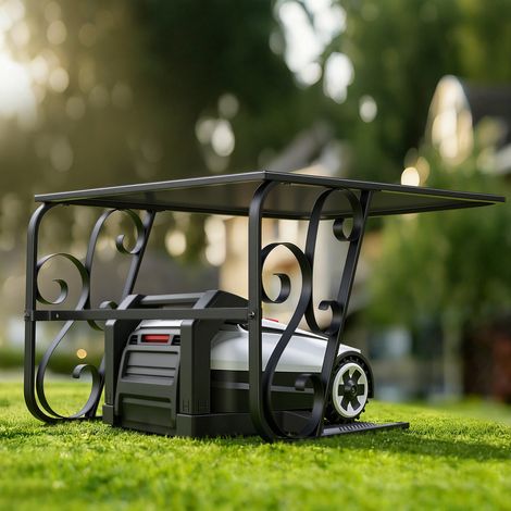 TolleTour Mähroboter Garage aus Aluminium-Verbundplatten, 80x56x43 cm, schwarz mit belüftetem Gestell – Wetterschutz für Ihren Rasenroboter