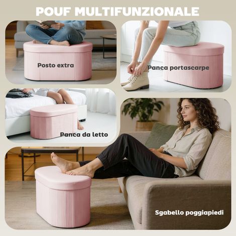 Pouf coffre pliable 72L velours rose 76x38x35 cm avec espace de rangement intérieur (1/5)