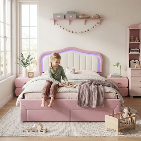 Lit rembourré enfant 140x200 cm rose en velours avec tiroirs - Lit Double, tête de lit et LED connectée App, scandinave (1/5)
