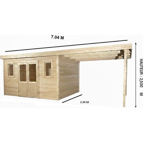 HABRITA Abri de jardin bois avec terrasse 21,05 m² - madriers 28 mm - toit monopente acier - double porte vitrée + fenêtres