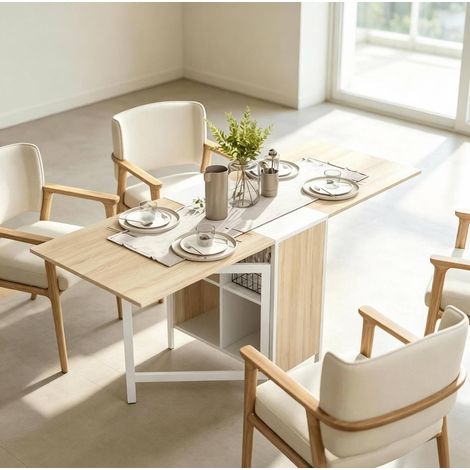 Mesa extensible plegable 170 x 60 x 75 cm, MDF y acero, blanco y roble claro DESVIAE (1/5)