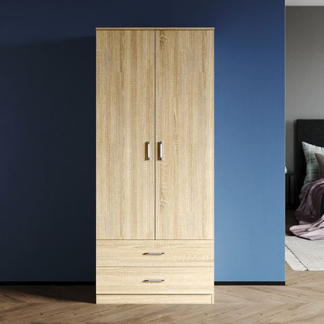 ELEGANT Soft Close Double 2 Doors Wardrobe with Shelves Bedroom Large Storage Wardrobe Includes Removable Hanging Rod Oak