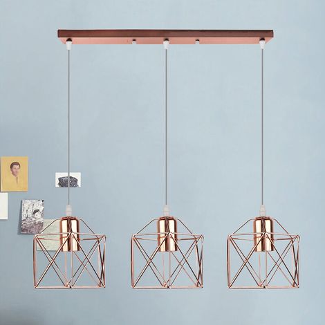 – Lustre suspension 3 lampes cage carrée en métal doré rose – Abat-jour en fer – Câbles réglables 100cm – Pour cuisine et salon (1/4)