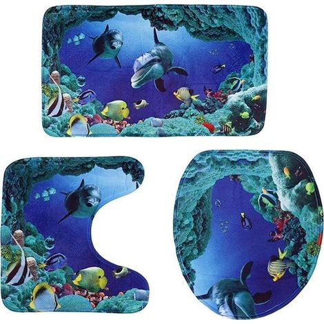 3 Pièces/Kit Océan Style sous-Marin Dolphin Carpe Wc Tapis 3D Dolphin Print Badteppich Set (1/5)